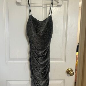 Sparkle Black Ruched Slip Dress with Spaghetti Straps